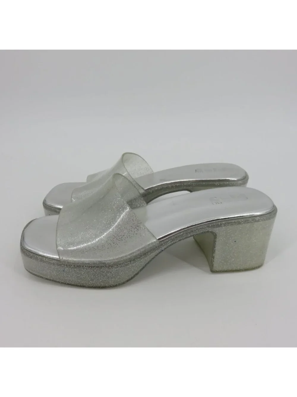 Play Women 7 US Silver Glitter Chunky Heel Platform Slide Shoes Sandals Costume